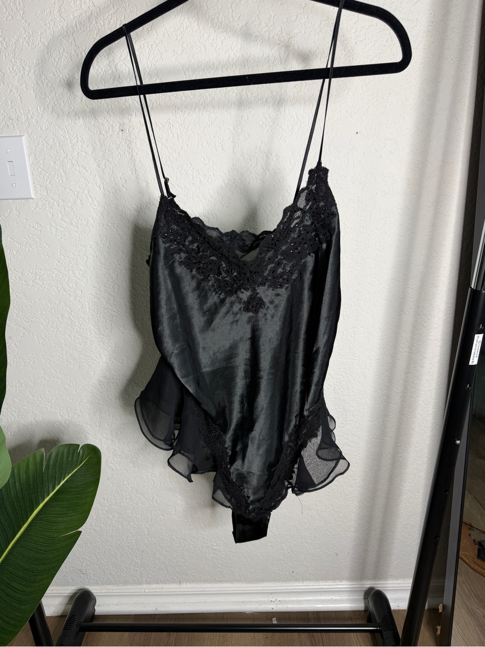 Victoria's Secret Black Lace Satin Bodysuit Chemise